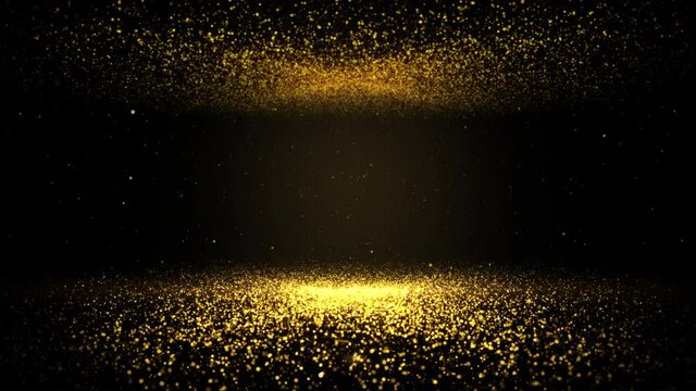 gold particles abstract background with shining golden floor particles stars dust. Futuristic glittering fly movement flickering loop in space on black background.	