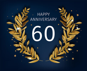 Celebrating golden anniversary, festive banner with gold laurel wreath and inscription. Congratulation or greeting card with decorative foliage. Vector in flat style