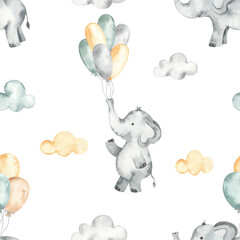 Watercolor seamless pattern with cute elephants on balloons in the clouds on a white background