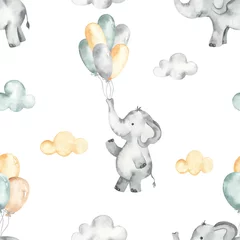 Fotobehang Olifant Aquarel naadloos patroon met schattige olifanten op ballonnen in de wolken op een witte achtergrond