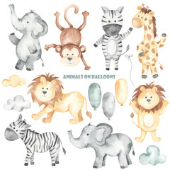 Watercolor set with animals on balloons lion, zebra, elephant, monkey, giraffe, balloons, clouds