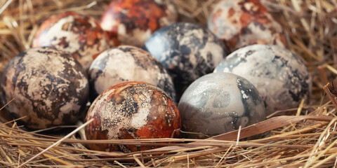 Easter composition - multicolored marble Easter eggs painted with natural dyes in a nest of hay, horizontal banner