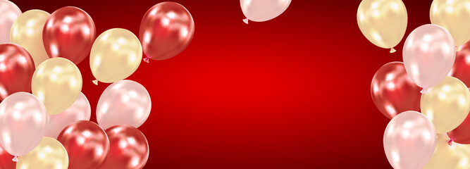 Dark red festive background with helium balloons. Holiday design for party, birthday, anniversary, Valentines day, wedding. Template for greeting card, banner, poster, invitation, flyer