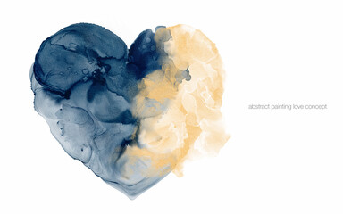 Heart shape fluid painting  dark blue and gold by watercolor and alcohol ink isolated on white background in luxury concept of love, valentine, wedding.