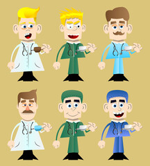 Funny cartoon doctor drinking coffee. Vector illustration.