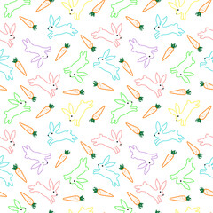 Pattern with multi-colored easter bunnies and carrots. Outline illustration. Vector pattern on a white background. Easter drawing for packing paper, fabric, decor.