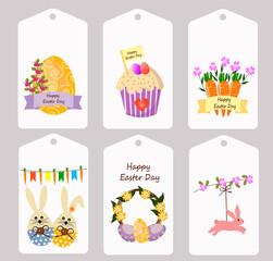 Easter tag templates. Holiday attributes - a wreath with flowers, Easter eggs, rabbits. Vector pattern. For gifts, invitations and decor.