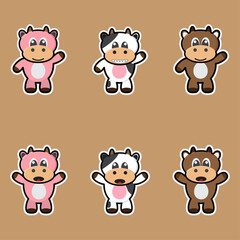 Cute And Adorable Cow standing up. Set of funny little cow in different poses and emotions in cartoon style. Vector Illustration.