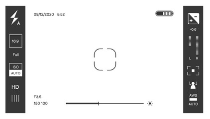 Camera screen with focus, viewfinder and options