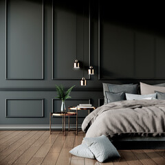 black modern classic bedroom interior design with furniture, 3d rendering background