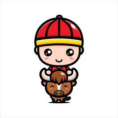 cartoon cute chinese boy character riding a buffalo