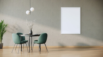 vertical picture frame mock up in modern dining room interior with dark green chairs and round dining table with wooden floor and gray wall, 3d rendering © CREATIVE WONDER