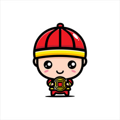 cartoon cute chinese boy character holding gold