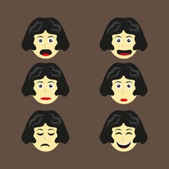 vector of female face character with many emotions in flat style
