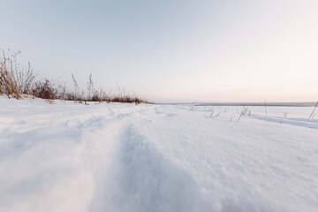 Fototapeta na wymiar Winter, road with a track in a snowy field