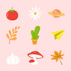 vector design stickers of different plants and food and cute planets for children in autumn and spring