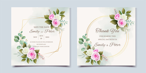 Beautiful wedding invitation template with floral and leaves