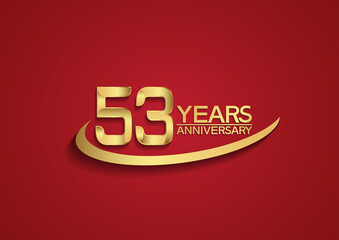 53 years anniversary logo style with swoosh golden color isolated on red background for celebration moment, greeting card, invitation and special moment