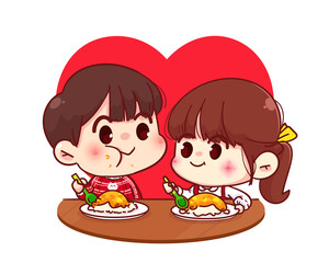 Lovers couple eating together Happy valentine cartoon character illustration Premium Vector