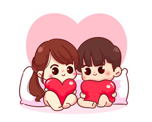Lovers couple Sitting with a pillow heart shaped Happy valentine cartoon character illustration Premium Vector