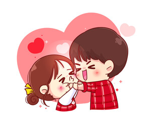 Cute girl kissing boy on cheek Happy valentine cartoon character illustration Premium Vector