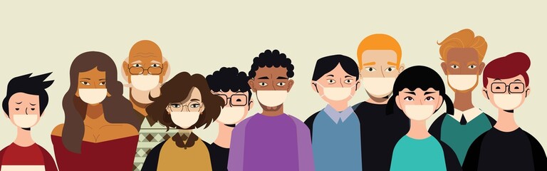 Group of people wearing medical masks to prevent disease, flu, air pollution, contaminated air, world pollution. Vector illustration in a flat style
