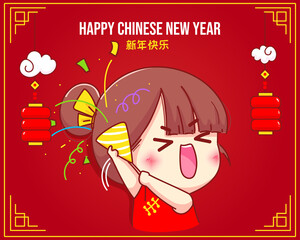 Cute girl holding poppers with confetti chinese new year celebration cartoon character illustration Premium Vector
