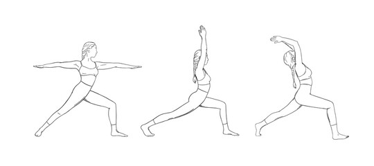 Yoga warrior poses or virabhadrasana I and II. Woman practicing yoga for balance improvement. Hand drawn sketch vector illustration isolated on white background