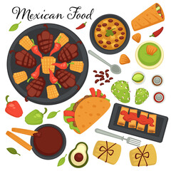 Collection of traditional mexican cuisine recipes and meals. Desserts and appetizers, taco with spicy ingredients, vegetables and meat on plate.
