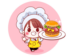 Cute Chef hold big burger smiling cartoon illustration Premium Vector