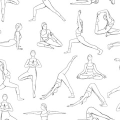 Yoga asanas in seamless pattern. Women practicing yoga asanas design for backgrounds and wallpapers. Hand drawn engraved vector illustration isolated on white background