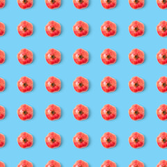 Seamless pattern with red pomegranate fruit on blue background. Minimal flat lay concept.