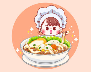 Fish Noodle soup with fish balls cartoon illustration Premium Vector