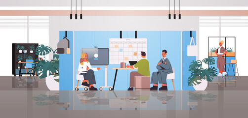 mix race businesspeople working and talking together in coworking center business meeting teamwork concept modern office interior horizontal full length vector illustration