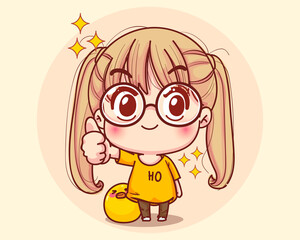 Young Girl Thumbs up sign cartoon set illustration Premium Vector