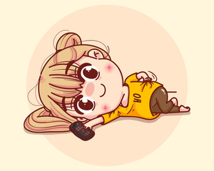 Obraz premium Young Girl lying on the floor cartoon set illustration Premium Vector