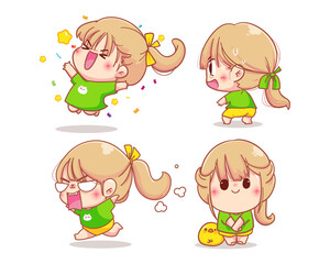 Girl character with various emotions cartoon set illustration Premium Vector