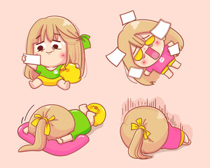 Young Girl lying on the floor cartoon set illustration Premium Vector