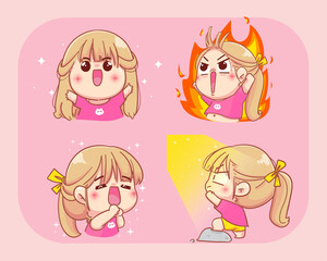 Young Girl is glad and has hope cartoon set illustration Premium Vector