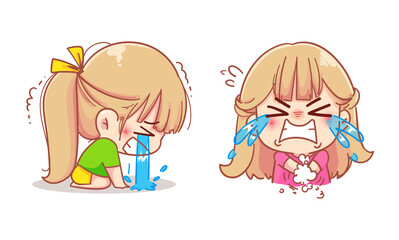 Sad girl crying cartoon set illustration Premium Vector
