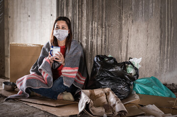 Asian woman homeless wearing hygiene face mask for protective infection and pandemic of coronavirus...