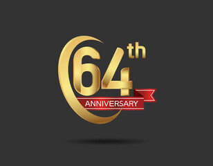 64 years anniversary logo style with swoosh ring golden color and red ribbon isolated on black background for company celebration, greeting, and invitation