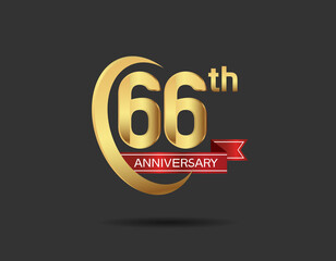 66 years anniversary logo style with swoosh ring golden color and red ribbon isolated on black background for company celebration, greeting, and invitation