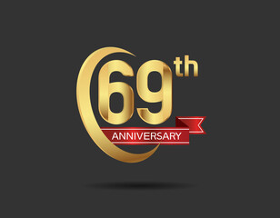 69 years anniversary logo style with swoosh ring golden color and red ribbon isolated on black background for company celebration, greeting, and invitation
