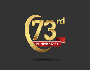 73 years anniversary logo style with swoosh ring golden color and red ribbon isolated on black background for company celebration, greeting, and invitation