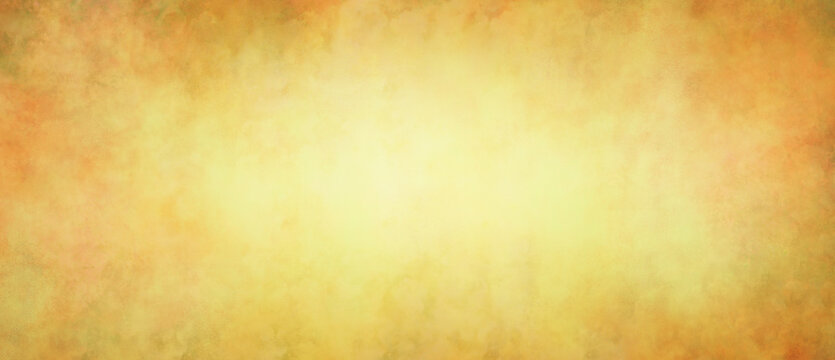 Gold background. Golden brown mottled border texture and blurred grunge design in old vintage background with soft yellow center color.