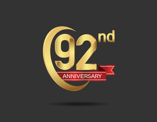 92 years anniversary logo style with swoosh ring golden color and red ribbon isolated on black background for company celebration, greeting, and invitation