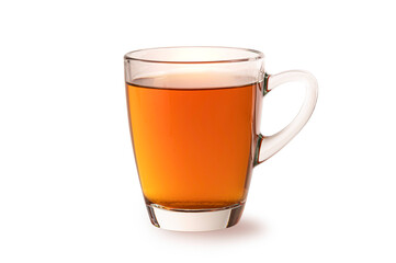 Tea in glass cup on white background.