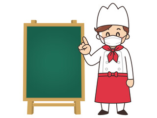 パティシエの男性と店頭看板　マスク