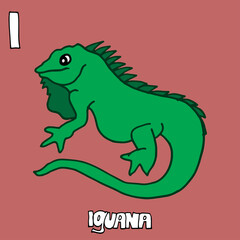 Iguana-Hand drawn lettering. Green iguana vector illustration on pink background. Hand drawn vector. Doodle animal for kids, kindergarten, education, card, wallpaper, cover, poster, sticker, clipart. 